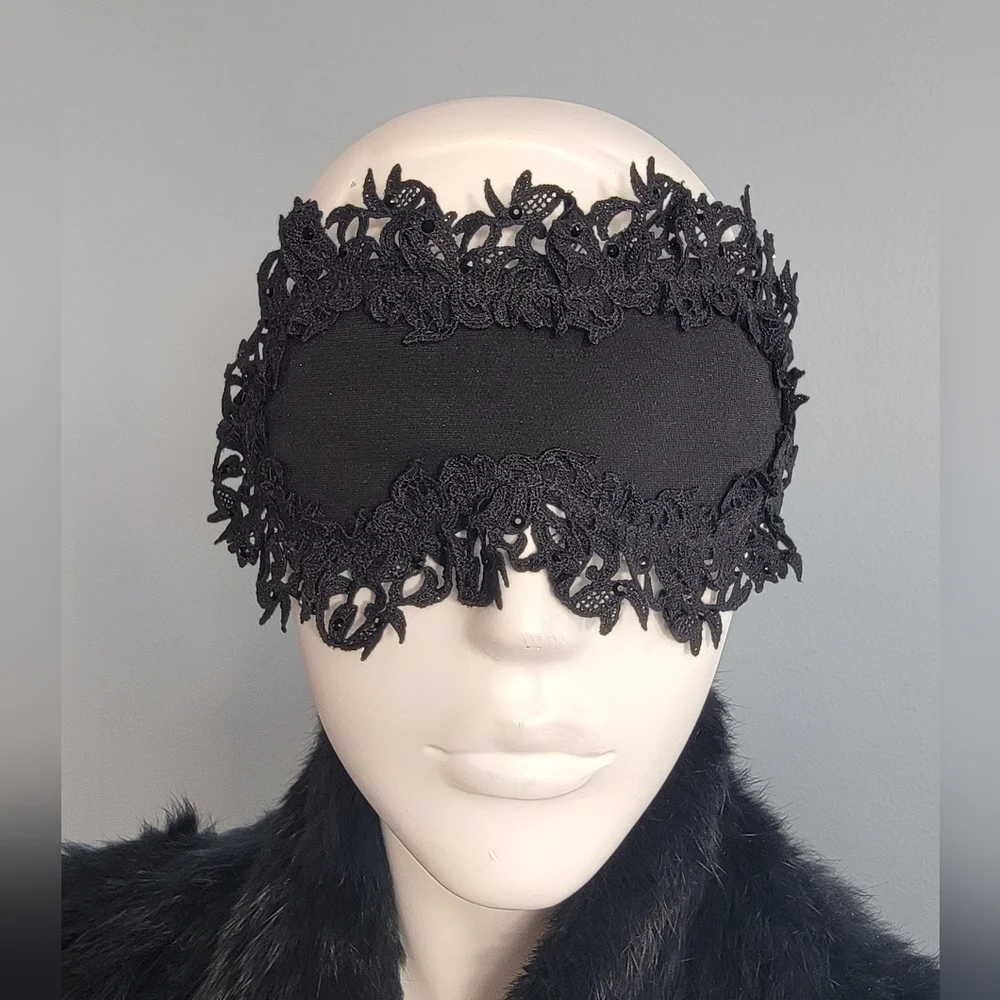 La Perla Silk Macramé Crystal Eye Mask Bridal Boudoir Luxury Black dark fairy